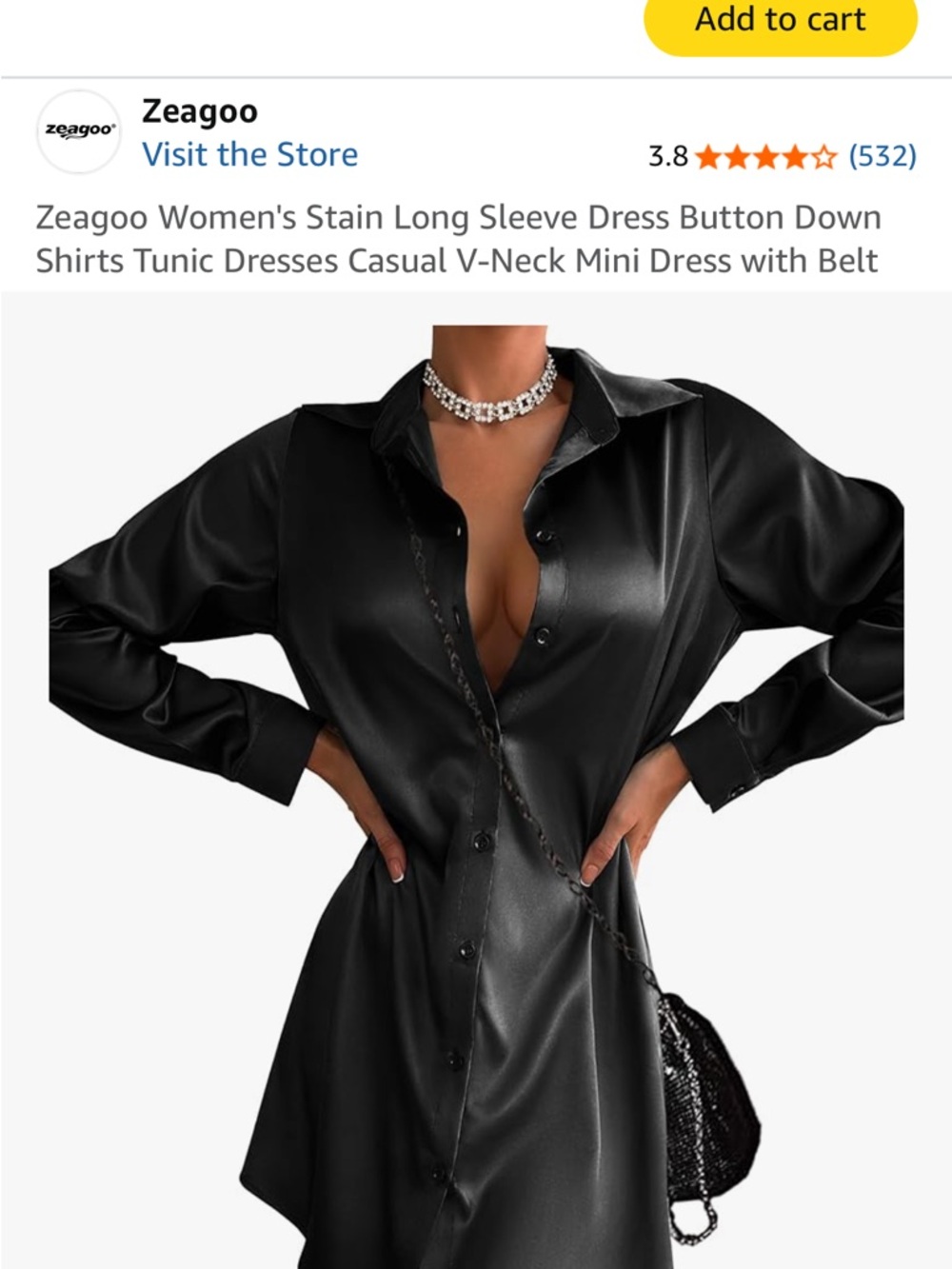 zeagoo Black Satin V-Neck Button-Down Mini Dress